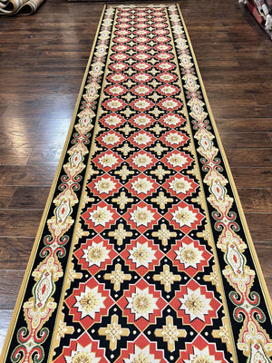 Runner Rug 4x19, Panel Design Rug, Custom Made Stark Runner Carpet, Wool, Vintage 4 x 19 Hallway Rug, European Design, Red Black Ivory Tan