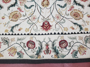 New Needlepoint Rug 9x12, Hand Woven Wool Area Rug, Flatweave Carpet, Handmade Chinese Needlepoint, Floral European Design, Ivory Background