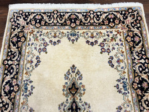 Persian Kirman Rug 4x7, Wool Hand Knotted Antique Carpet, Beige, Semi Open Field Medallion Rug, Traditional Handmade Oriental Rug