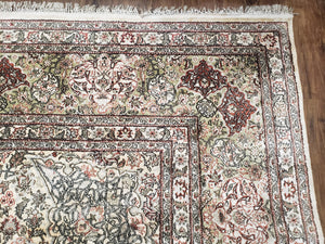 Vintage Indian Room Sized Silk Rug 8x10, Indo Kashmiri Carpet, Hand-Knotted Persian Oriental Carpet, Floral Medallion Allover Pattern, Ivory