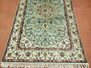 Silk Turkish Kayseri Rug 3x5, Light Mint Green and Ivory, Vintage Fine Silk Hand Knotted Oriental Carpet 3 x 5 ft, Floral Medallion, Nice
