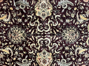 Indo Persian Rug 10x14, Floral Allover, Handmade Vintage Wool Rug, Dark Maroon/Plum and Black