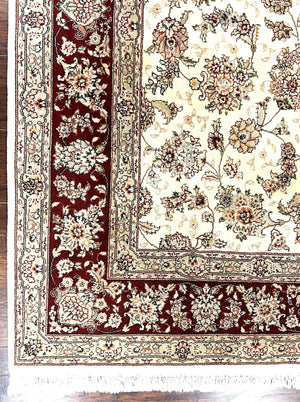 Pak Persian Rug 6x9, Floral Allover Carpet 6 x 9 ft, Cream and Maroon Hand Knotted Wool and Silk Fine Oriental Rug, Traditional Vintage Rug