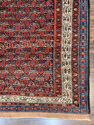 Persian Kurdish Rug 5x6, Wool Hand Knotted Vintage Carpet, Red Blue Cream, Boteh Paisley Pattern, 5 x 6 Medium Sized Oriental Rug
