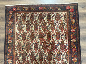 Antique Persian Kurdish Senneh Rug 4.6 x 6.5, Repeated Paisely Boteh Design, Handmade