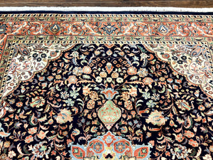 Indo Persian Rug 8x10, Midnight Blue & Red, Handmade Vintage Wool Carpet, Floral Medallion