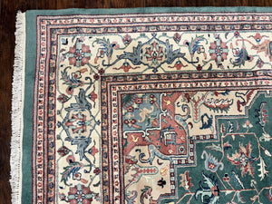 Indo Heriz Rug 9x12, Geometric Oriental Carpet, Room Sized Wool Handmade Hand Knotted Vintage Green and Cream Area Rug, Indian Rug 9 x 12