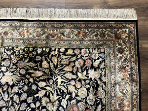 Silk Rug 4x6, Black and Cream, Floral & Bird Pictorials, Fine 330 KPSI, Sino Persian Rug
