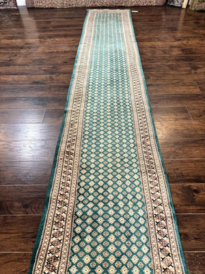 Long Pakistani Runner Rug 2.8 x 20, Hand Knotted Vintage Wool Hallway Rug, Turkoman Rug, Teal and Tan, Handmade Vintage Wool Runner