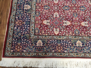 Vintage Turkish Sivas Area Rug 6.5 x 9.5, Wool Hand-Knotted Red & Midnight Blue Allover Floral Pattern Oriental Carpet, 6x9 Traditional Rug