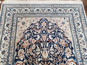 Persian Nain Rug 4x6, Ivory and Blue, Hand-Knotted, Wool & Silk