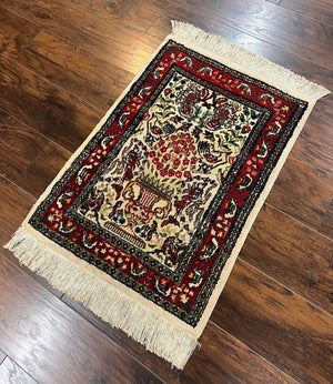 Small Indo Persian Rug 2x3 ft, Wool with Silk Highlights, Animal Pictorials, Birds