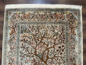 Indian Kashmiri Silk Rug 4x7, Tree of Life Design, Very Fine 380 KPSI, Birds