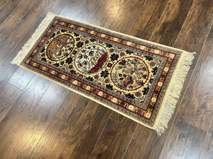 Silk Turkish Rug 2x4, Fine Handmade Oriental Rug, Animal Pictorial Birds Silk Pile on Silk Foundation Vintage Hand Knotted Hereke Carpet