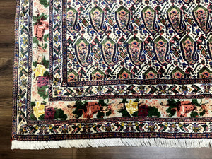 Persian Kurdish Rug 8x11, Repeated Allover Boteh Paisley Design, Bird Pictorials, Rare Antique Sannadaji Carpet