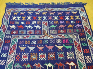 3' X 7' Vintage Handmade Indian Wool Kilim Flat weave Rug Camel Birds Blue Geometric Short Runner