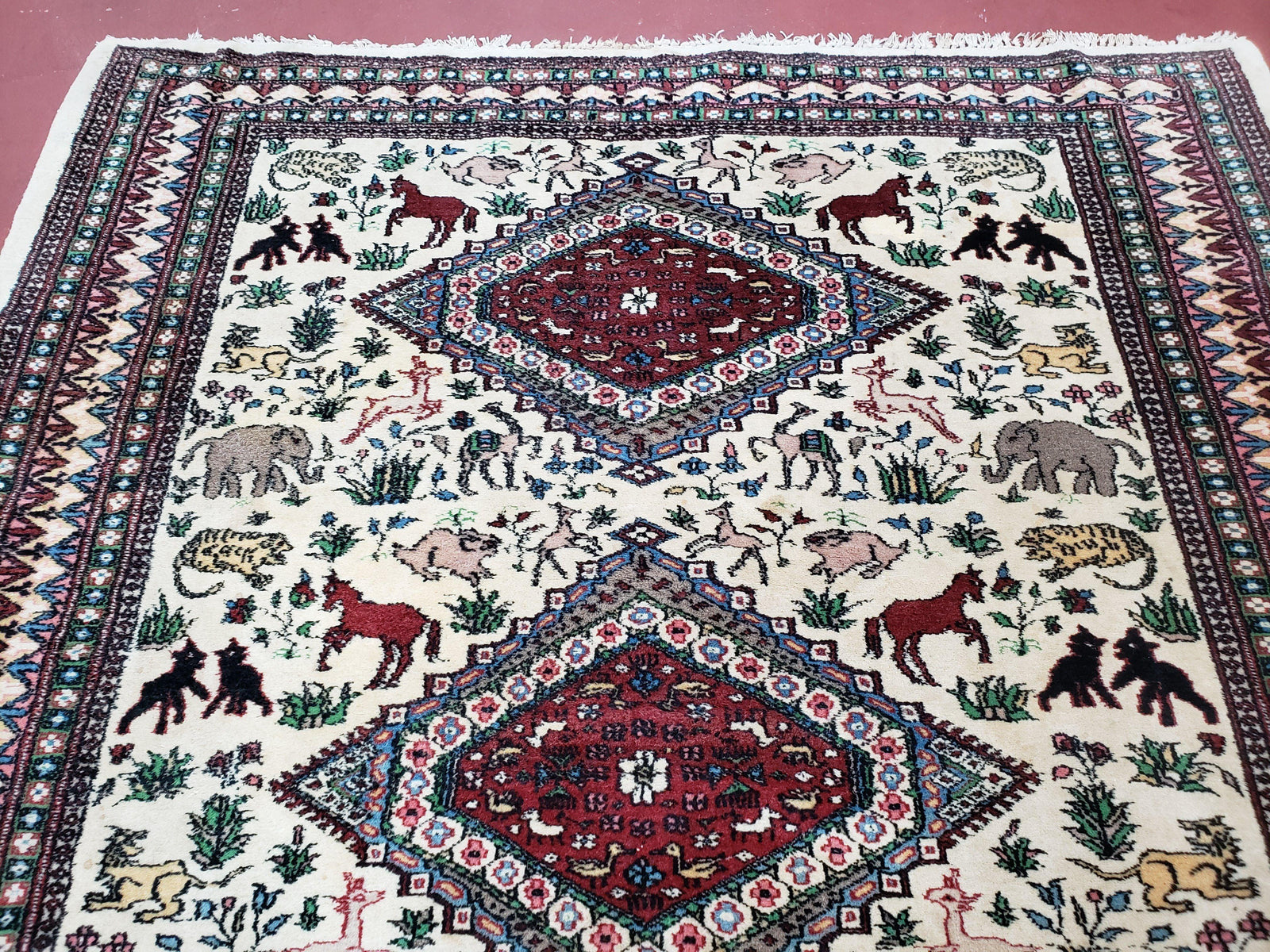 Vintage Indo Persian Area Rug 4.7 x 7.6, Wool Hand-Knotted Ivory Carpet, Animal Pictorials, Elephants Horses Lions, Indian Carpet, Unique