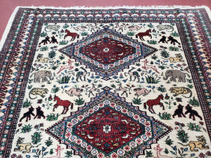 Vintage Indo Persian Area Rug 4.7 x 7.6, Wool Hand-Knotted Ivory Carpet, Animal Pictorials, Elephants Horses Lions, Indian Carpet, Unique