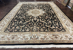 Sino Persian Rug 9x12, Floral Medallion, Black and Ivory, Elegant