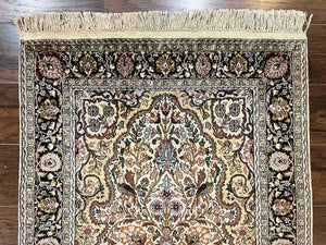 Turkish Kayseri Silk Rug 3x5, Tree of Life Silk Oriental Carpet, Birds Persian Vase Design, Hand Knotted Vintage Fine Rug, 340 KPSI