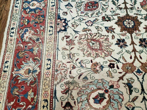 Antique Persian Tabriz Rug 9x12, Hand Knotted Oriental Carpet 9 x 12 ft, Vintage Wool Room Sized Rug, Cream and Red, Floral Allover Handmade Rug