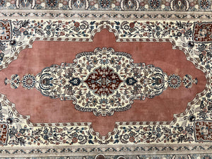Indo Persian Rug 6x9, Semi Open Field Medallion Rug, Vintage Hand Knotted Wool Oriental Carpet, Traditional Rug, Light Pink, Medium Size