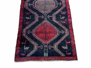 3 X 7 Handmade Wool Tribal Runner Rug Geometric Red Blue Boho Organic Dyes
