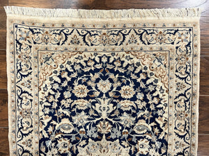 Persian Nain Rug 3x5, Floral Medallion Oriental Carpet, Very Fine Hand Knotted Handmade Wool and Silk Highlights Rug, Vintage Semi Antique
