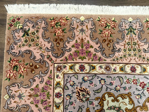 Wonderful Persian Tabriz Rug 7x10, Very Fine 330 KPSI, Light Green Light Blue Pink, Kork Wool Silk Foundation, Bird Pictorials