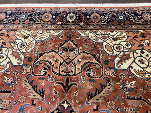 Indo Persian Heriz Rug 9x12, Geometric Medallion, Vintage Oriental Carpet, Handmade Room Sized Wool Heriz Serapi Rug, Red Navy Blue Cream