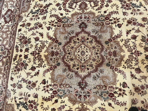 Vintage Sino Persian Rug 10x14, Room Sized Elegant Handmade Oriental Carpet 10 x 14, Floral Medallion Large Wool Rug with Silk Accents Beige