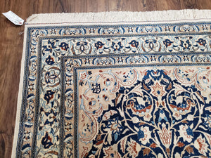 Persian Nain Rug 4x6, Ivory and Blue, Hand-Knotted, Wool & Silk