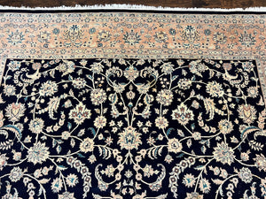 Pak Persian Rug 8x11, Fine Floral Allover Oriental Carpet 8 x 11 ft, Dark Blue and Pink, Room Sized Wool Vintage Rug, Hand Knotted Rug