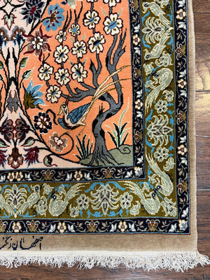 Very Fine Small Persian Isfahan Rug 2.6 x 4, Kork Wool on Silk Hand-Knotted Vintage Animal Pictorials Birds Vase, Signature Masterweaver, Orange