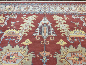 Indo Heriz Flatweave Rug 10x14, Indian Large Room Sized Carpet 10 x 14 ft, Red Green Floral Allover, Wool Handmade Vintage Oriental Rug