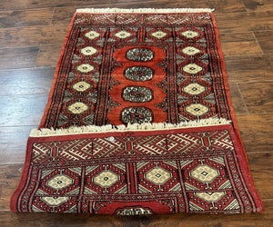 Red Pakistani Turkoman Rug 3x5, Bokhara Design, Vintage, Signed