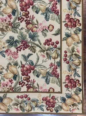 Floral Needlepoint Rug 6x9, Fruits Grapes Allover Floral Design, Beige/Cream Colorful Wool Vintage Needlepoint Carpet, Needlepoint Area Rug