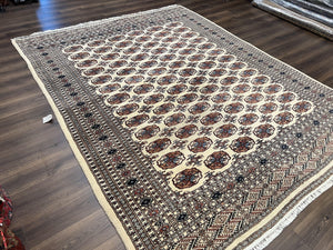 Pakistani Bokhara Rug 8x10, Wool Turkoman Carpet, Ivory/Cream
