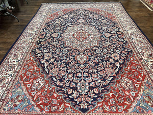 Indo Persian Rug 10x15, Floral Allover, Handmade Vintage Wool Carpet, Dark Blue Ivory Red, Palace Size Traditional Rug