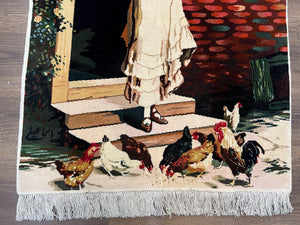 Persian Tabriz Pictorial Rug 2x3, Fine High KPSI Pictorial Carpet, Lady in Front of Home with Chickens 2 x 3 ft Oriental Rug Vintage Handmade Wool