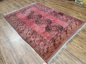 Antique Bukhara Area Rug, Vintage Afghan Bokhara Bashir Rug, 4x6 Hand-Knotted Oriental Carpet, Red & Black Wool Rug, 4' x 5'9