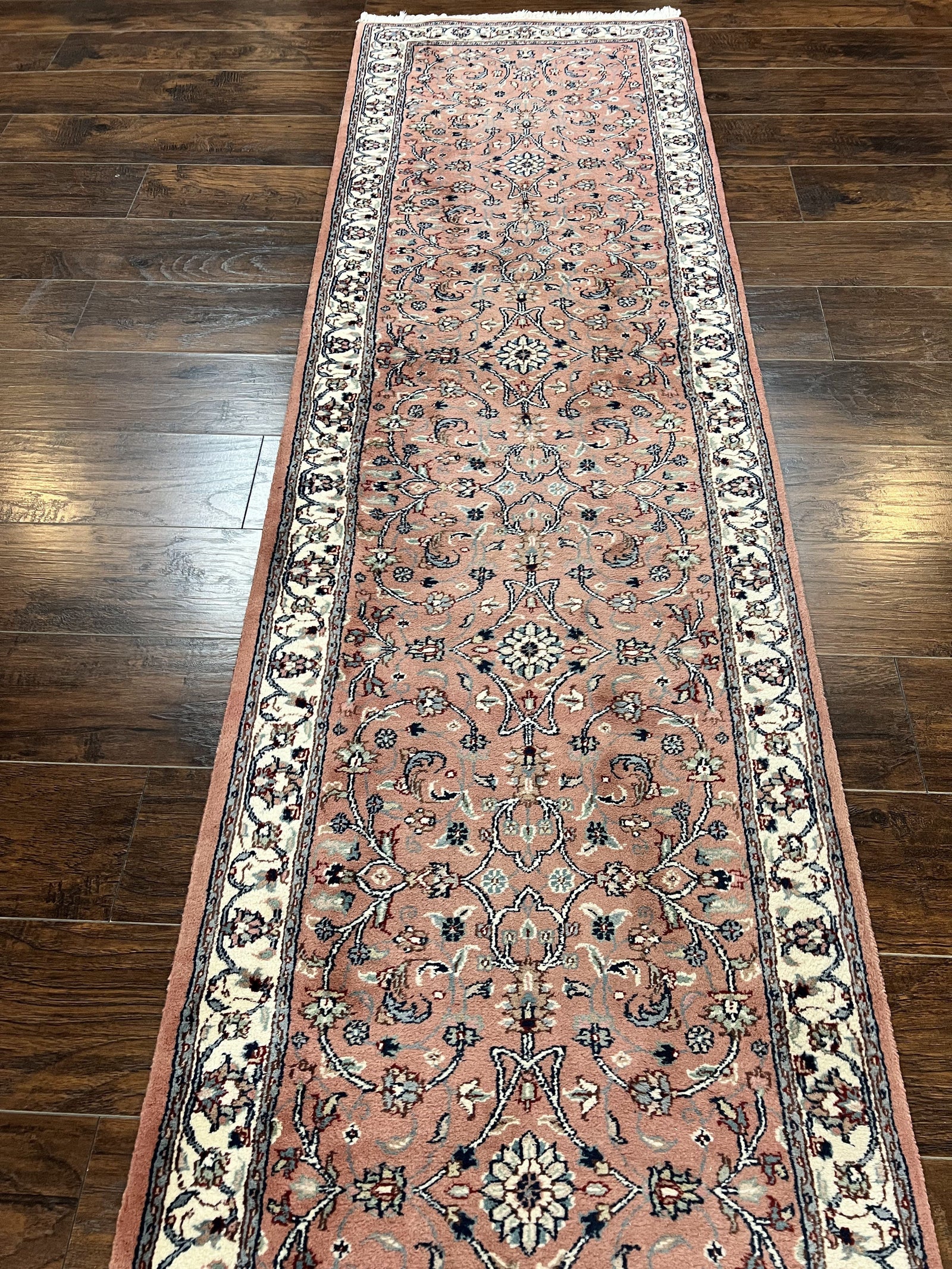 Indo Persian Runner Rug 2.6 x 10, Wool Hand Knotted Vintage Oriental Carpet, Pink & Ivory, Floral Allover, Hallway Rug