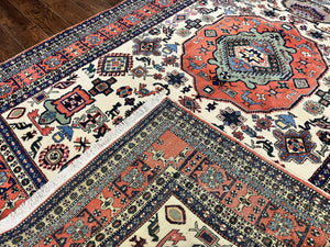Persian Tribal Rug 8x11, Persian Ardabil Rug, Geometric Medallion Animal Pictorial Rug, Ivory Red Blue, Hand Knotted Vintage Wool Carpet