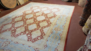 9x12 Peshawar Rug Pakistani Oriental Carpet Sky Blue and Red Wool Vintage Master Bedroom Rug Hand-Knotted Living Room Rug Dining Room Rug
