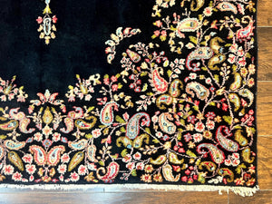 Antique Persian Kirman Rug 5x8, Floral Kirman, Midnight Blue/Black, Semi Open Field, Handmade Vintage Wool Carpet