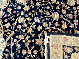 Large Persian Kerman Rug 10x14, Navy Blue and Beige, Floral Medallion, Traditional Elegant Persian Carpet, Signed by Masterweaver