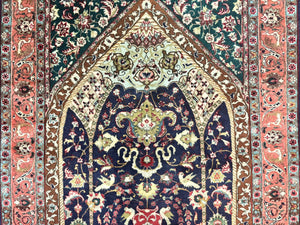 Persian Tabriz Rug 3x4, Navy Blue, Birds, Floral, Prayer Rug, Handmade Wool Rug, Finely Hand Knotted 325 KPSI