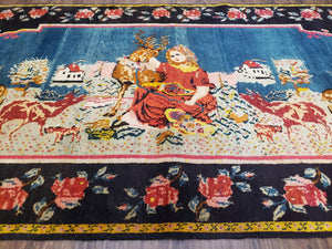 Antique Persian Pictorial Rug 4'6" x 9', Wool Hand-Knotted Blue Roses Karabagh Caucasian Carpet, 1920s Girl Deer Tapestry Wall Hanging Rug