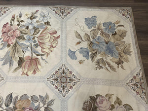 Vintage Needlepoint Rug 8x11, Floral Panel Design, Flatweave Handmade Needlepoint Carpet 8 x 11, Room Size Wool Needlepoint Rug, Cream Color