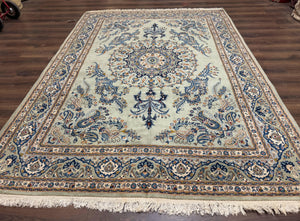 Light Green and Blue Persian Kashan Rug 7x10, Authentic Persian Carpet, Handmade, Wool